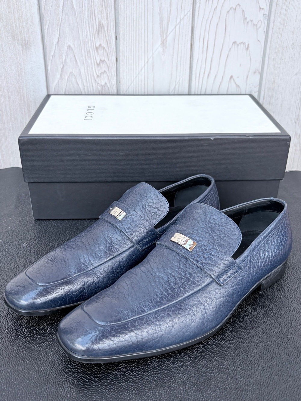 Gucci Men’s Dark Blue Pebbled Leather Slip-On Loafers with Metal Logo